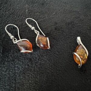 Sterling Silver and Amber Earring and Pendant Set